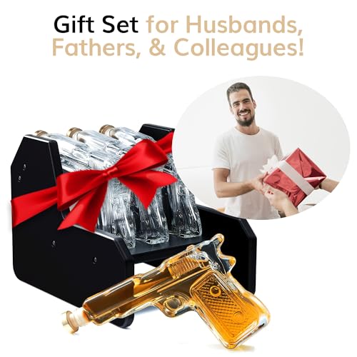 Image of Gifts for Men Dad Whiskey Decanter Set | 7.7 Oz | Three Pistol Gun & Wooden Stand, Unique Birthday Gift Ideas Daughter Son, Home Bar Gifts, Drinking Accessories Military Present Cool Dispenser