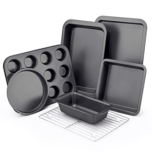 KITESSENSU Baking Pans Sets, Nonstick Bakeware Sets 7-Piece with Round/Square Cake Pan, Loaf Pan, Muffin Pan, Cookie Sheet, Roast Pan, Cooling Rack, Carbon Steel Bake Set