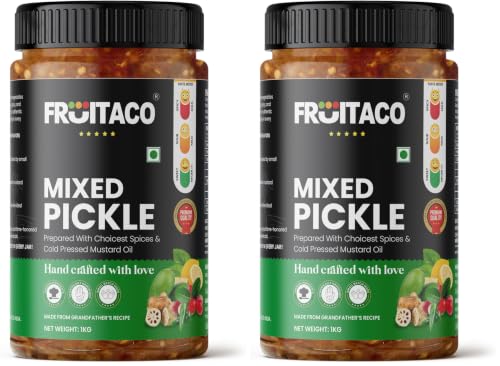 Image of Fruitaco Mixed Pickle 1kg - Authentic Indian Pickle with Tangy, Spicy, & Robust Flavors, Mixed Aachar (Pack of 2)