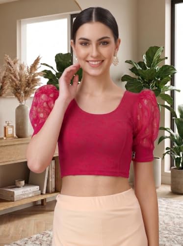 Image of SFT Women's Cotton Lycra Blend Readymade Saree Blouse with Round Neck Half Sleeves Solid Pattern Knit Weave Regular Fit and Pull On Closure