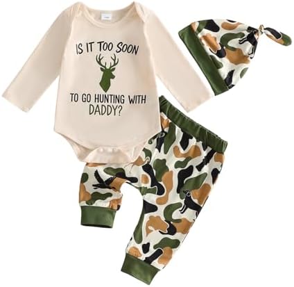 KtwHarnu Newborn Baby Boy Fall Hunting Clothes Duck/Deer Romper Camo Pants Hat Set (B-Beige, 3-6 Months)