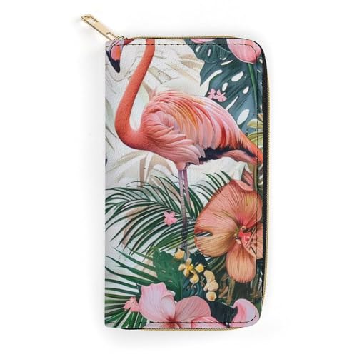 Flamingo Flowers Print Long Wallet for Women Men PU Leather Card Holder Organizer with Zipper Coin Pocket & Cash Slots