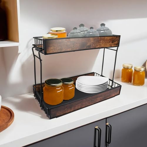 Image of IBELL Pull Out Sliding Storage Rack for Kitchen Cabinet /Shelf, Under The Sink Organizer, Carbon Steel with Wooden Panel Finish (Black, IBLDR 7977BK)