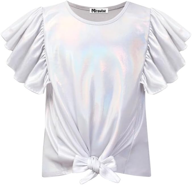 Mirawise Girls Shirts Metallic Tops Clothes Tshirt Ruffle Short Sleeve Tee Size 6-14