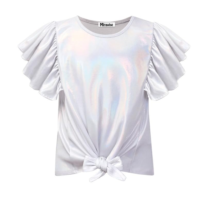 Image of Mirawise Girls Shirts Metallic Tops Clothes Tshirt Ruffle Short Sleeve Tee Size 6-14