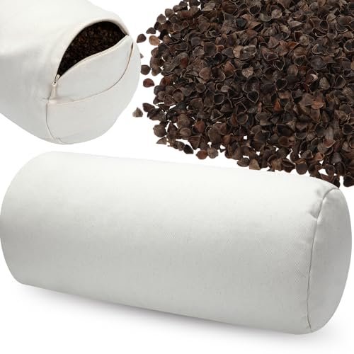 DoubleFill Buckwheat Pillow Cylinder Bolster Pillow to Provide Firm Support, Cervical Neck Roll Adjustable with Organic Pillowcase, Tartary Buckwheat Hulls