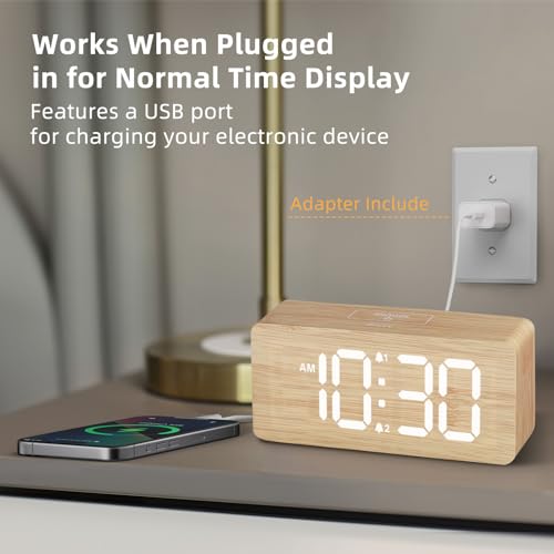 Wooden Digital Alarm Clocks for Bedrooms: Dimmable Dual Alarm Clock with Large Numbers for Bedside Desk - Bamboo by USCCE - Image 3