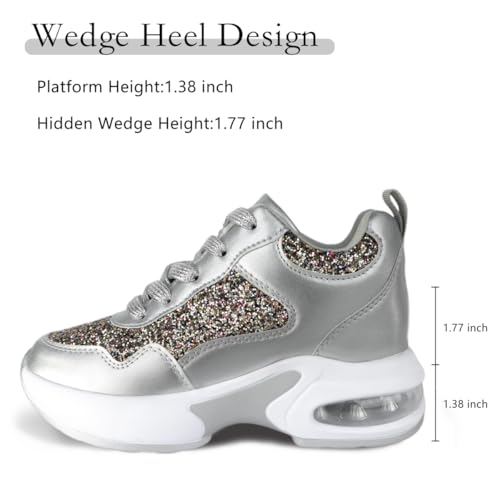 Wedge Sneakers for Women High Heel Hidden Platform Sneakers Fashion Glitter Wedding Shoes for Bride Increasing 3 inch3