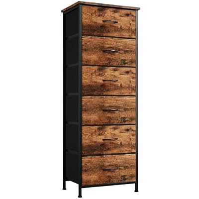 Somdot Tall Dresser for Bedroom with 6 Drawers, Storage Organizer Chest of Drawers with Removable Fabric Bins for Closet Bedside Living Room Laundry Entryway Hallway, Wood Grain Print