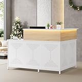 Condemo L-Shaped Reception Desk with LED Lights, 60 inch Modern Front Desk, Checkout Counter Table for Office, Lobby, Cafe, Beauty Salon, White and Light Brown