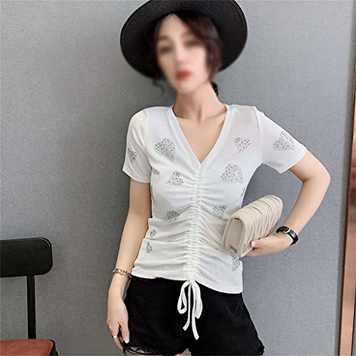 Haut manches courtes pour femmes avec motif diamant flash et laçage au col v