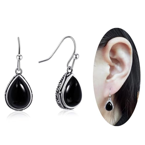 Teppdfann Tourmaline Drop Dangle Earrings Silver Vintage Teardrop Black Gemstone ...
