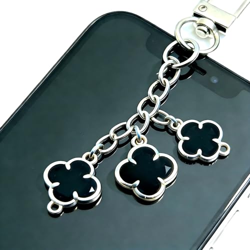 29. Phone Charm Silver-based Solid Black Crystal Five-leaf Clover Bold Modern Minimalist Accessory for Edgy Mobile Decoration PO887 by Generic - Used condition - US$14.56