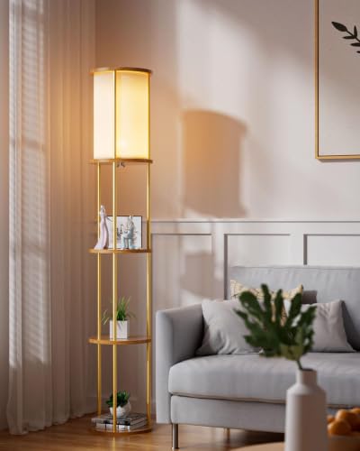 Image of Lightdot 61 inch Floor Lamp with Shelves, Modern Gold Bookshelf Corner 3000K | 3000K Floor Lamp Gold Bookshelf Corner with 3-Tier Solid Wood shelves, 9W A60 LED Bulb Include for Sofa Beside /Bedroom Decor