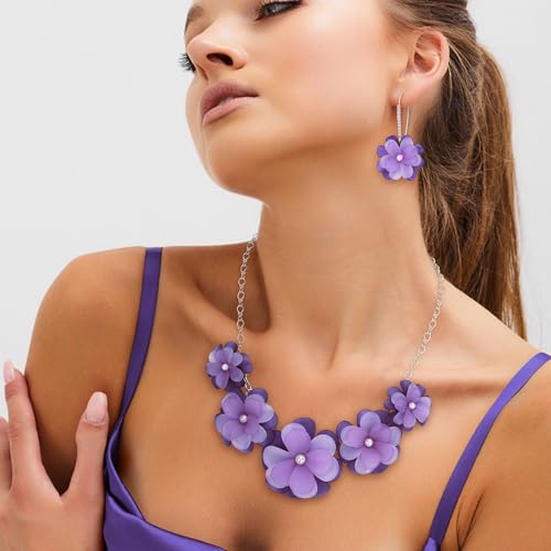 Flyonce Light Purple Flower Statement Necklace Boho Summer Holiday Beach Jewelry Floral Flowers Collar Necklaces with Earrings for Women by Flyonce - Image 4