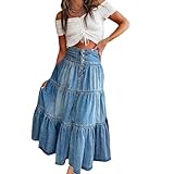 Maxifalda Vaquera para Mujer: diseño Escalonado de Corte en A y Talle Alto, con Botones Frontales, Volantes y Bolsillos (Blue,M)