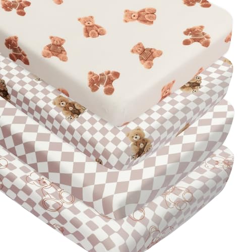 Fitted Baby Neutral Crib Sheets Bear and Buffalo Check Plaid Breathable Unisex Baby Standard Crib Sheet Set for Boys or Girls