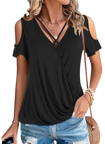 LEIYEE Womens Summer Cold Shoulder Tops Sexy Casual Short Sleeve Wrap V Neck T Shirts Cute Loose Fit Blouse