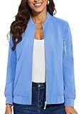 TACVASEN Women Classic Jacket Long Sleeve with Multi Pockets windbreaker Coat Lightweight Zip Up Jacket Light Blue L