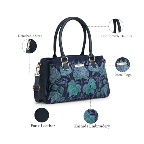 Image of Caprese Siji Tresana Large Satchel Bag for Women | Kashida Embroidery Handbag with Adjustable & Detachable Strap & 3 Spacious Compartments | Stylish Handheld Bag for Work, Travel & Everyday Use