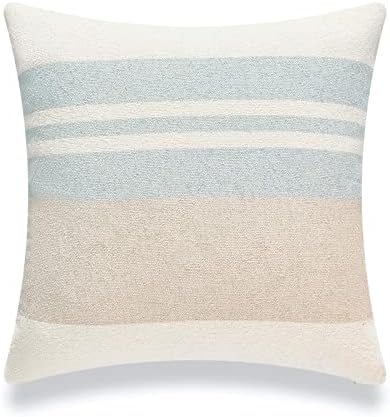 Hofdeco Beach Coastal Decorative Pillow Cover ONLY for Couch, Sofa, or Bed, Light Blue Tan Taupe Color Blocked Stripe, 18"x18"