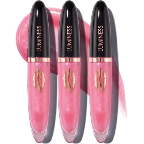 LUMINESS Hot Kiss GENTLE Lip Gloss Plumper | Hydrating Lip Plumper &amp; Lip Booster for Fuller-Looking Lips, High Shine Lip Gloss w/Buildable Lip Stain Color, Cruelty-Free (05 Natural Rose - 3PCK)