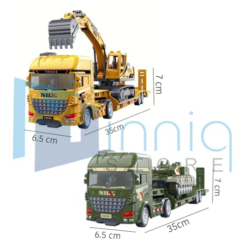 Image of Excavator and Military Tank, Manual Push Power Large Transport Trailer Vehicles Truck Toys Alloy Diecast Truck Set Toy Best Birthday Gift for Kids (Excavator & Tank Truck Set)