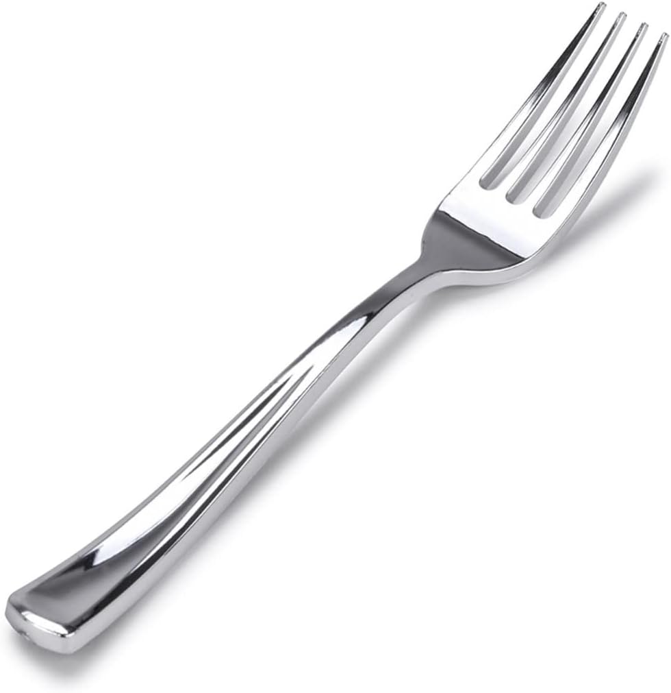 Plastic Silver Forks (75 Pack) - Glossy Silver Cutlery - Heavy Weight, Durable for Parties - Stock Your Home