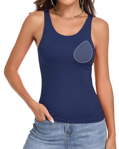 Image of V FOR CITY Womens Seamless Tank Top with Built in Bra Wider Strap Camisole Basic Cami Tanks Navy Blue M