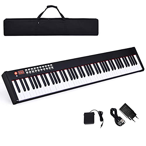 COSTWAY Piano Digital 88 Teclas, Teclado Electrónico Portátil con Teclas Pesadas, con Función Bluetooth, Interfaz MIDI, Altavoces, Sordina, y Bolsa de Transporte (Sin Atril, Negro)