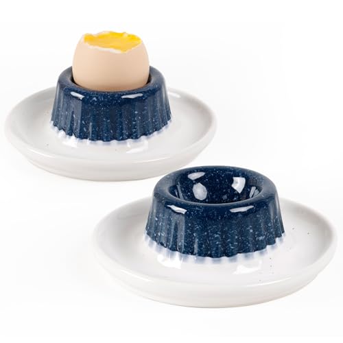 Autumnlife Egg Cups Set of 2, Porcelain Egg Holders with Saucer, Boiled Egg Stand Plates for Soft and Hard Boiled Eggs, Ideal for Breakfast, Home Dining and Easter, Beige & Blue