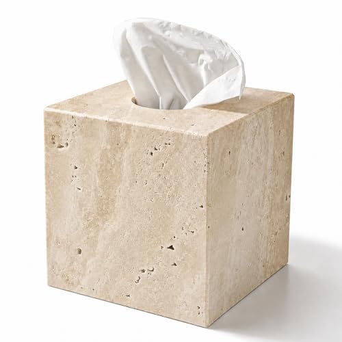 Koville Marble Tissue Box Cover, Heavy Square Tissue Cube Cover Tissue Organizer with Open Bottom for Countertop, Decorative Stone Facial Tissues Boxes Holder for Bathroom Bedroom Kitchen (Beige) by Koville - Used condition - US$36.27