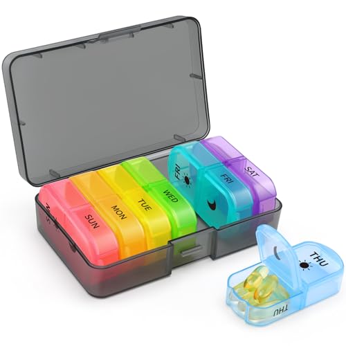 Opret Pill Organiser 7 Day, Weekly Pill Box 2 Times a Day for AM PM, Travel Tablet Organiser with 14 Large Compartments, for Vitamins Supplements Medication (Rainbow)