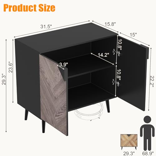 Garvee Modern Storage Free Standing Accent Cabinet, Buffet Cabinet with Doors, Wood Finish Sideboard Buffet with Storage for Dining Room, Entryway, Black+Grey Grain, 31.5 Inch