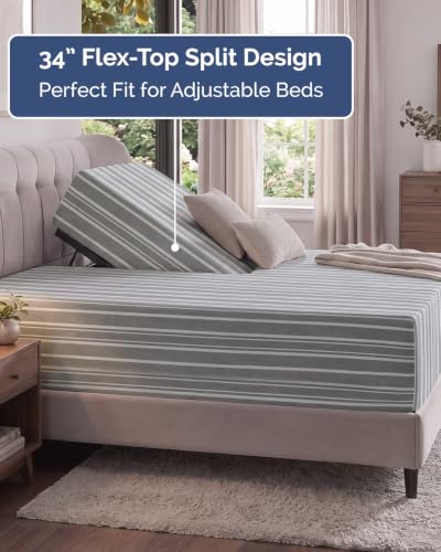 Image of Extra Deep Flex Top Split Head King Fitted Sheet - Hotel Luxury Single Fitted Sheet Only - Easily Fits 18 inch to 24 inch Mattress - Ultra Soft, Wrinkle Free w /Extra Deep Pockets - Grey Stripes 3