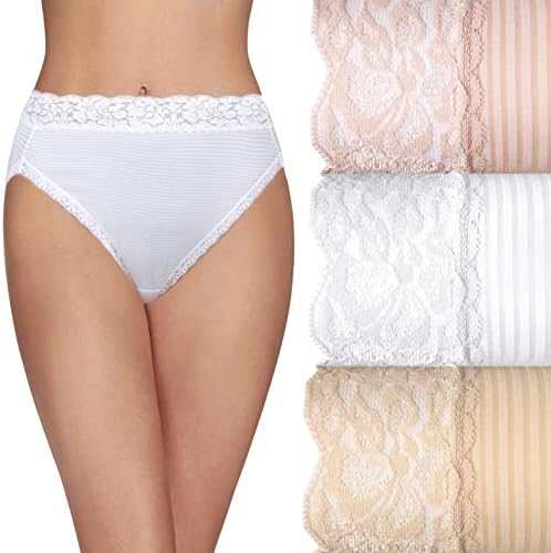 Vanity Fair Women's Flattering Lace Panties, Hi Cut-3 Pack-Quartz/White/Nude Stripe, 8