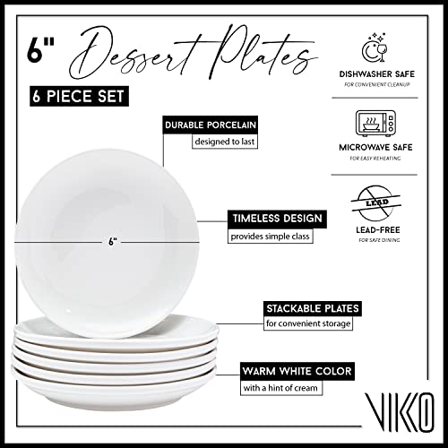 Vikko Dessert Plate, Set Of 6 White Plates, Fine Porcelain, Stackable 6 Inch Dessert Plates, Dishwasher Safe #TOP1