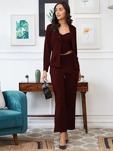 Image of Florely Women's Lycra Solid Three Piece Outfits Blazer Co-Ord Set Women Outdoor Wear Maxi Dress Crop top Party Dress Stylish Dresses