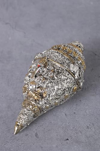 Image of Divine Studio 5 inches Pure Silver Plated Antique Ganesha Decorative Conch Shape Figurine for Wealth, Prosperity and Good Luck Along with Gift Box (Silver-Gold)
