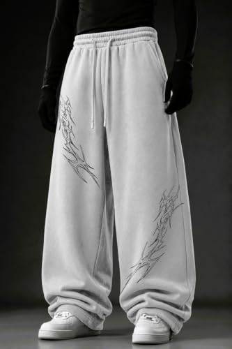 Image of Aesthetic Gothic Wide Leg Pants for Men | Tribal Print Baggy Streetwear | Oversized Track Pants with Elastic Waist | Black and White Relaxed Fit Bottoms