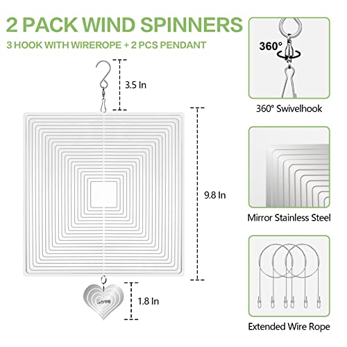 Wind Spinners, 2 Pack 10In Square Stainless Steel Silver Wind Spinner, 2 Pack Heart-Shaped Pendant And 3 Pack Rotating S Hooks With 12.5 Inch Extended Wireropes, Decor For Garden And Yard (2 Pack) #TOP3