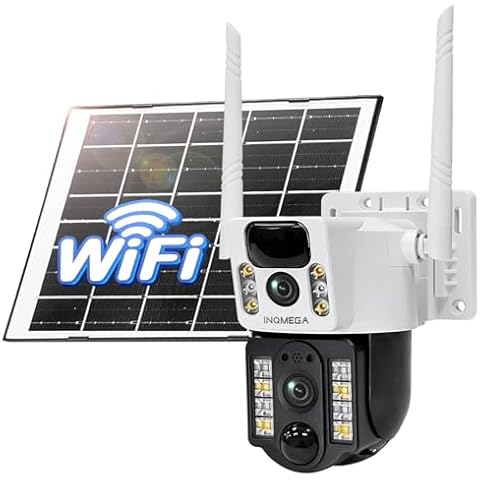 INQMEGA 4MP Dual Lens Solar Camera Wireless Outdoor, 2.4G WiFi Battery Powered Camera with Color Night Vision, Auto Tracking, 2-Way Talk, Siren Alarm, 360° View, SD/Cloud Storage Cover