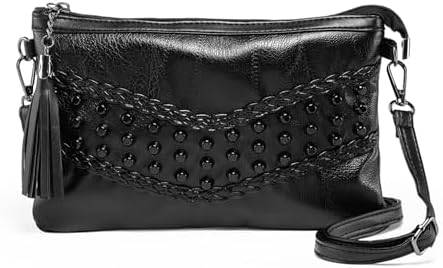 Black Clutch for Women PU Leather Small Handbags for Ladies Tassel Cross Body Shoulder Bag Rivets Crossbody Bag with Wrist Strap