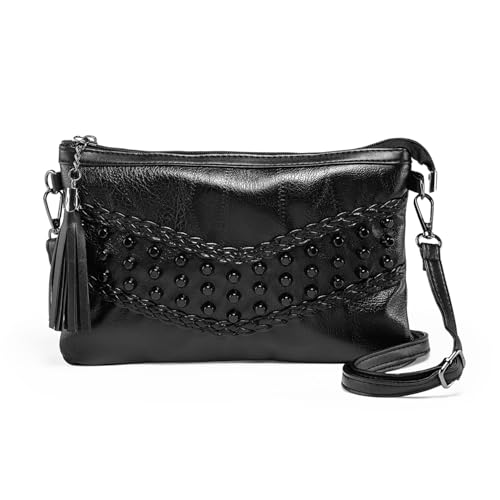 Kleine Umhängetasche Handtasche für Damen Quaste Nieten Clutch Abendtasche Weich Leder Schwarz