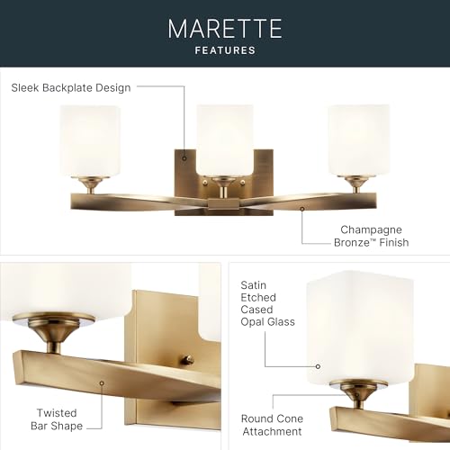 Image of Kichler Marette 23 inch 3-Light Bathroom Vanity Light Fixture with Satin Etched Cased Opal Glass in Champagne Bronze for Bathroom and Powder Room (23 inch x 8.25 inch x 6 inch), 55002CPZ