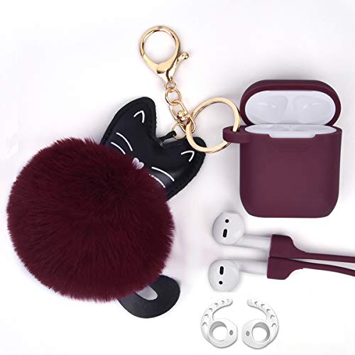 Case - Airspo Case for Silicone Case Cover Compatible with 1/2 Protective Skin with Fur Ball Keychain/Anti-Lost Strap/Ear Hooks (Burgundy)