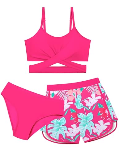 Image of Girls Swimsuit 3 Piece Bathing Suit Criss Cross Bikini Set Girls' Swimwear with Shorts 7-16T