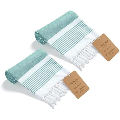 Linen Hub Peshtemal Turkish Beach Towels Cotton Set of 2 Extra Large 39x71 Travel Gym Pool Spa Blanket Beach Bath Towels - Ultra Soft Quick Dry Absorbent Fouta Hammam Peshtemal Towels Green Cover