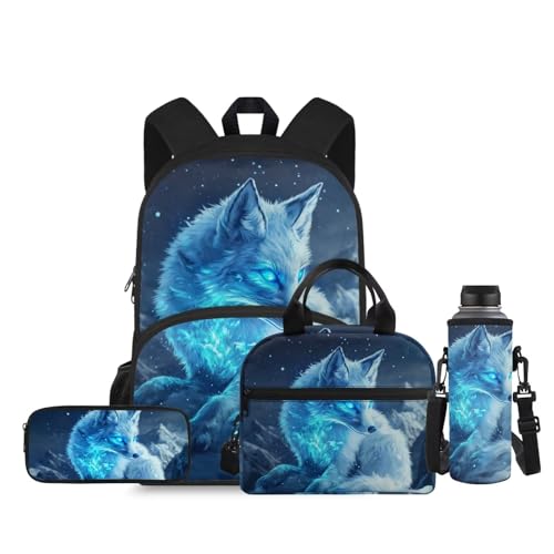 Wolf Kids School Backpack for Boys Portable Bookbags for School with Pencil Case for Kindergarten Elementary Lightweight Backpack with Lunch Box and Water Bottle Sleeves