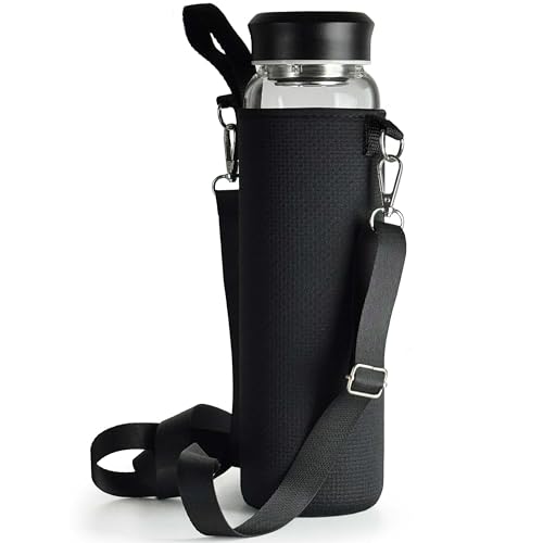 drinmoaer 1 Liter Glasflasche mit schwarzem Edelstahldeckel | Weitöffnende Cold Brew Wasserflasche mit Neoprenhülle | Trinkflasche 1l